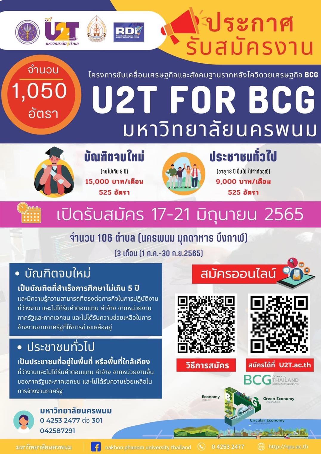 มหาวิทยาลัยนครพนม เปิดรับสมัครบุคคลเพื่อจ้างงานโครงการ มหาวิทยาลัยสู่ตำบล U2T for BCG จำนวน 1,050 อัตรา